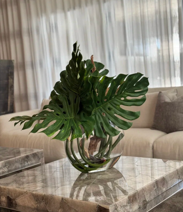 Moon Vase with Monstera Leaf and Driftwood