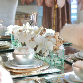 24″ Casa Moderna Glass Plate Planter with white orchids