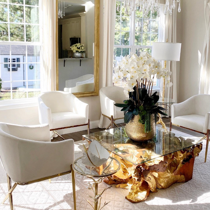 Delaney Gold Pot with Multiple Stems of Phalaenopsis Orchids and Succulents