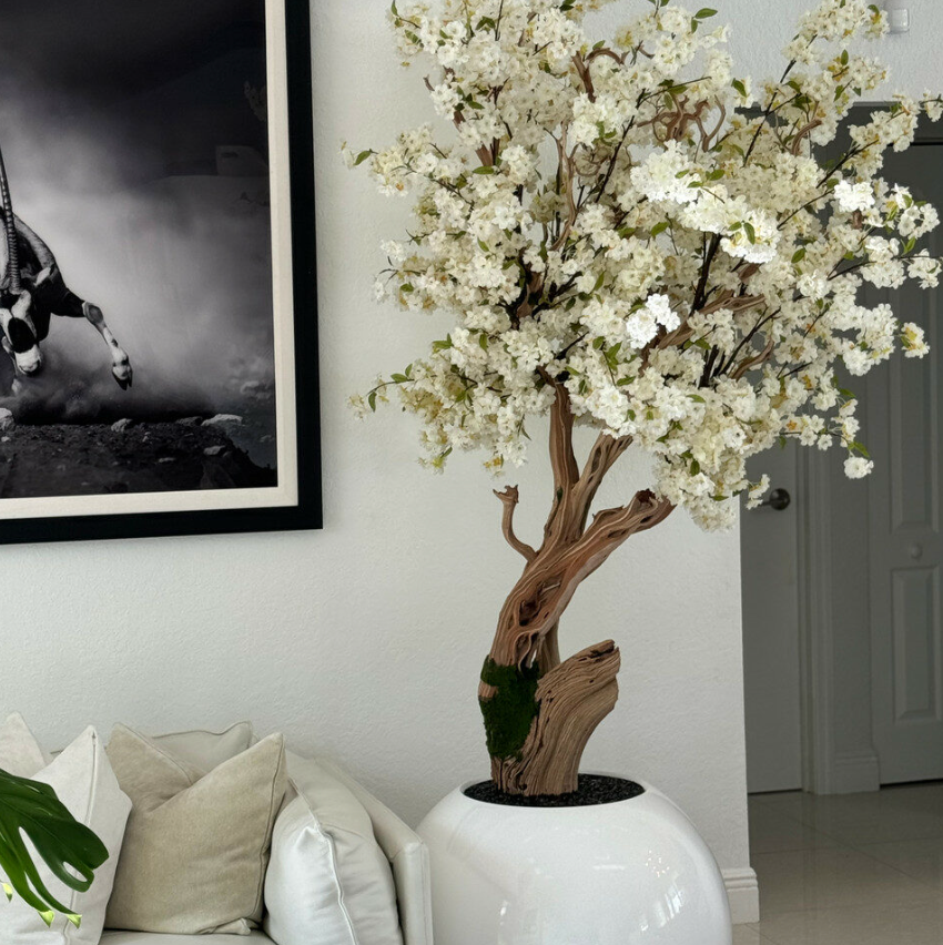 Glossy White Globe with Custom Made Cherry Blossom Tree