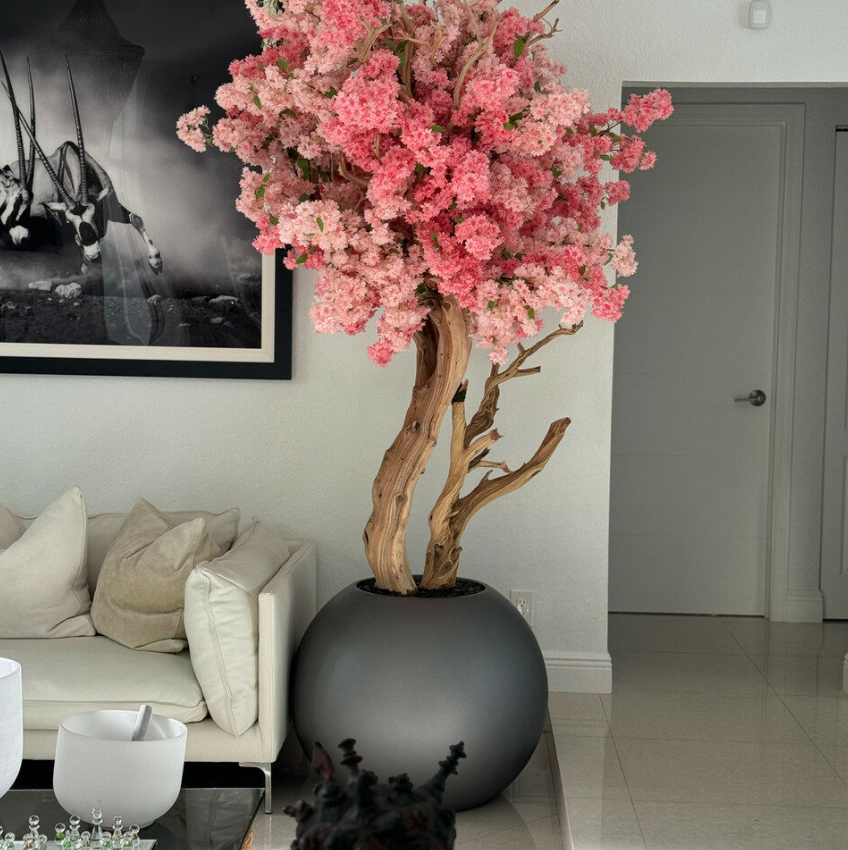 Matte Gun Metal Globe with Custom Made Two Tone Cherry Blossom Tree