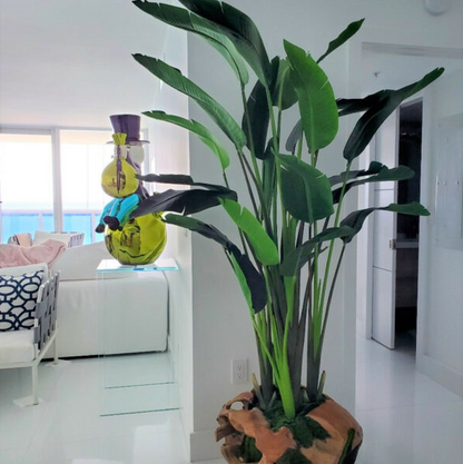 Large Ship-Shape Teak Planter with Large Bird of Paradise Flower