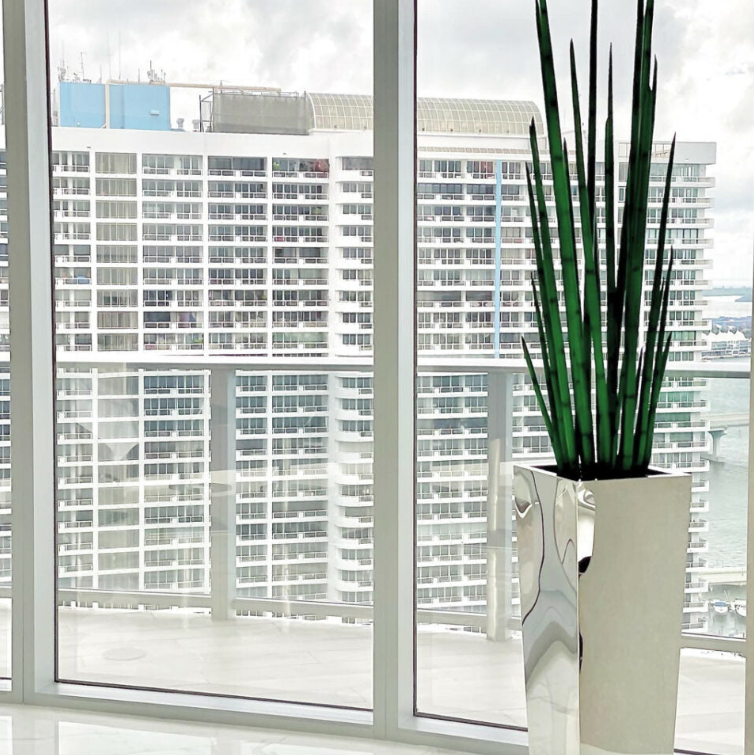 Stainless steel cube-shaped vase with snake grass.