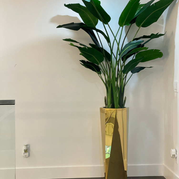 Golden prism vase with a 2.1 m bird of paradise.