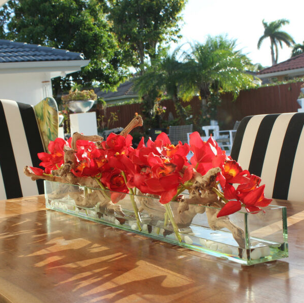 120 cm Modern House Glass Planter with red Cymbidium orchids.