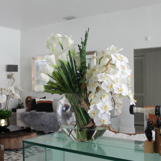 Lunar vase with a mixed bouquet of flowers.