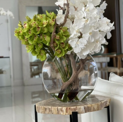 Lunar Vase with White Vanda Orchids and Green Cymbidiums.
