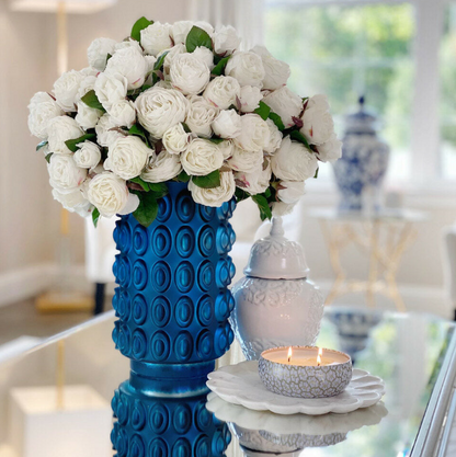 English White Roses in Textured Blue Pot
