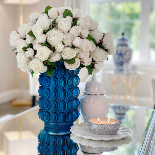 English White Roses in Textured Blue Pot