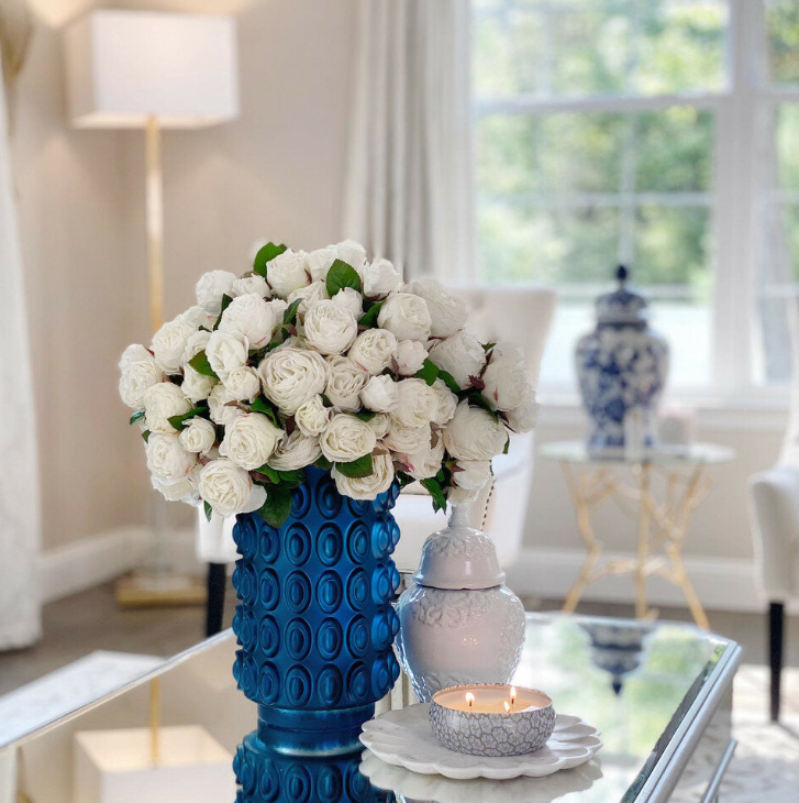 English White Roses in Textured Blue Pot