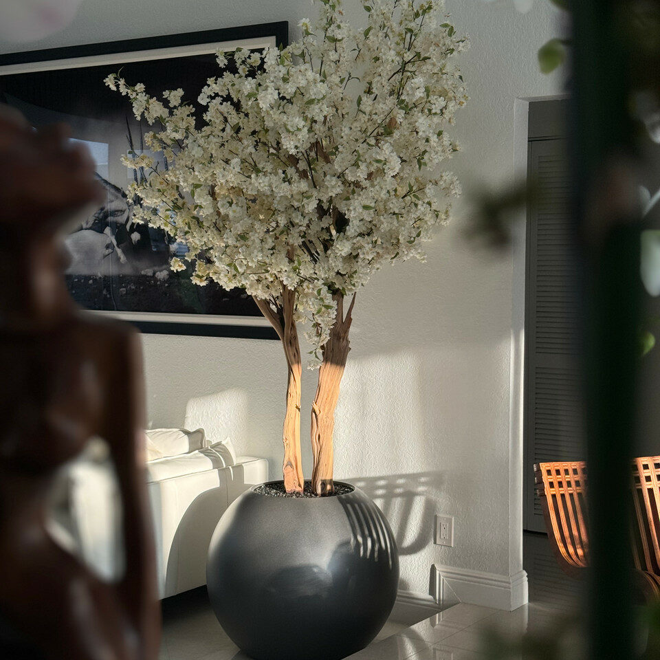 Matte Gun Metal Globe with Custom Made Cherry Blossom Tree