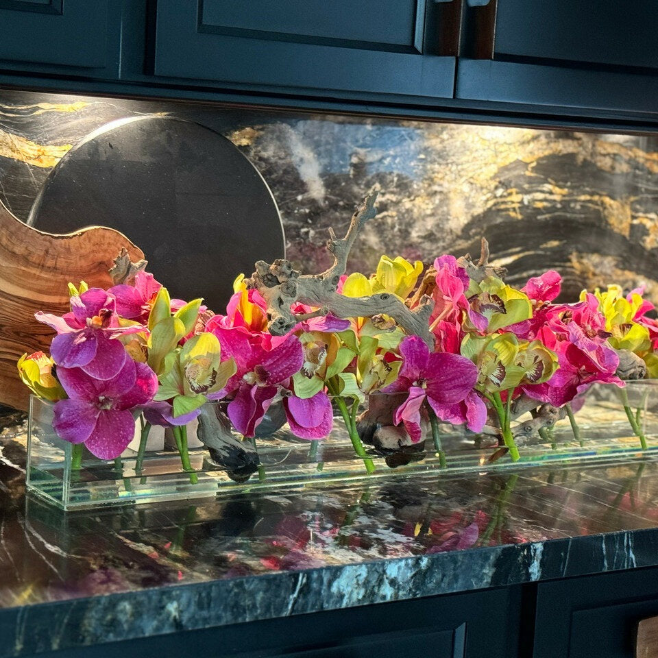 Casa Moderna Glass Planter With Pink Vandas And Green Cymbidiums