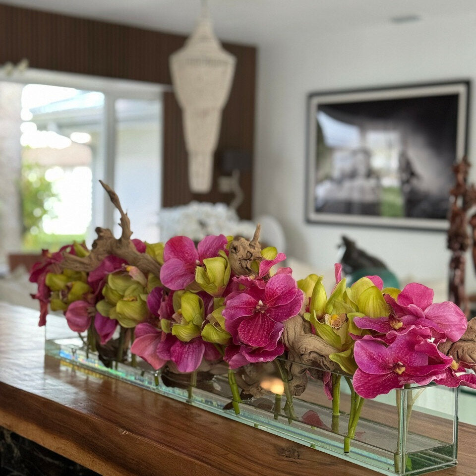 Casa Moderna Glass Planter With Pink Vandas And Green Cymbidiums