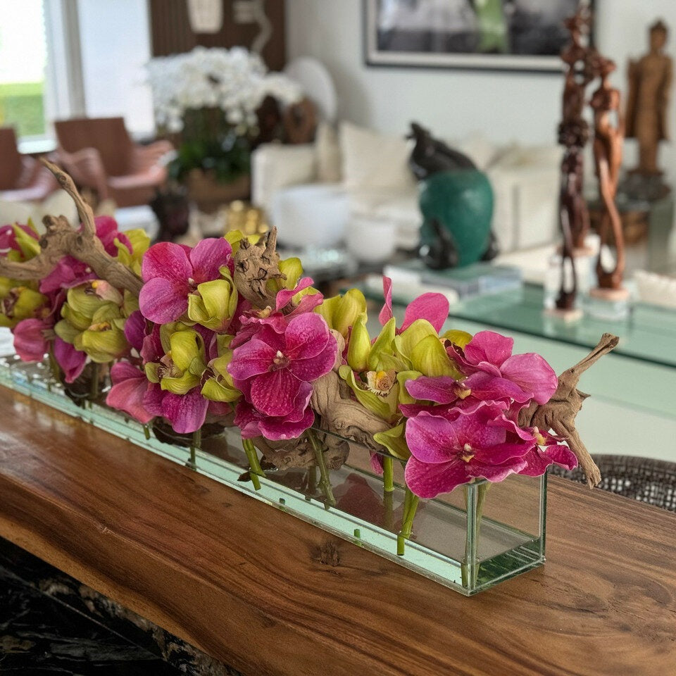 Casa Moderna Glass Planter With Pink Vandas And Green Cymbidiums