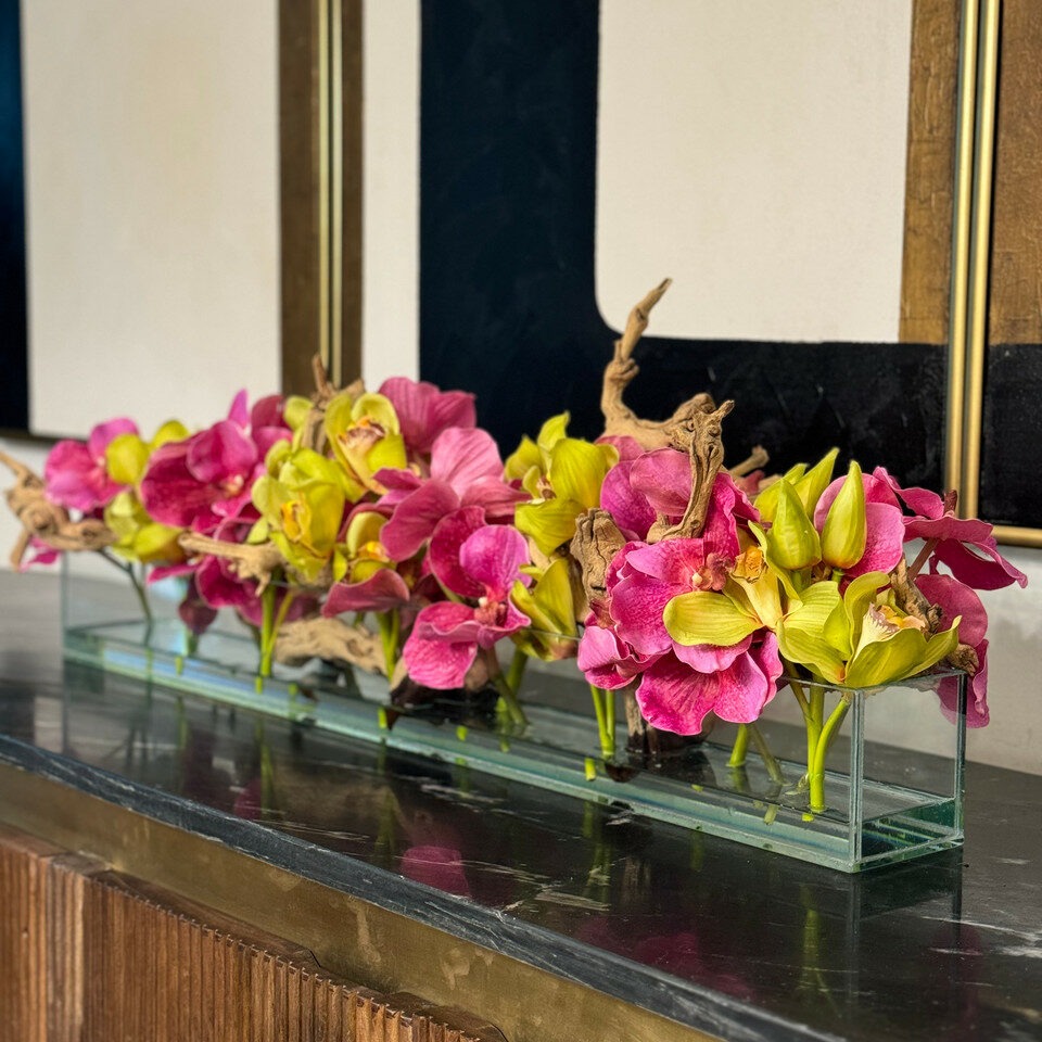 Casa Moderna Glass Planter With Pink Vandas And Green Cymbidiums