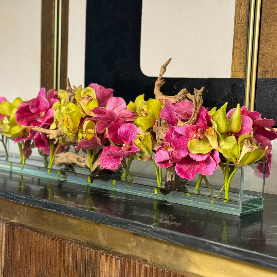 Casa Moderna Glass Planter With Pink Vandas And Green Cymbidiums