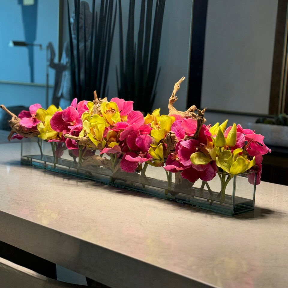 Casa Moderna Glass Planter With Pink Vandas And Green Cymbidiums