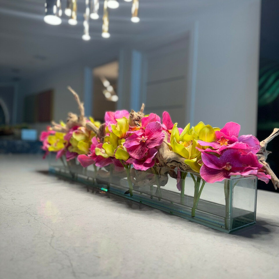 Casa Moderna Glass Planter With Pink Vandas And Green Cymbidiums