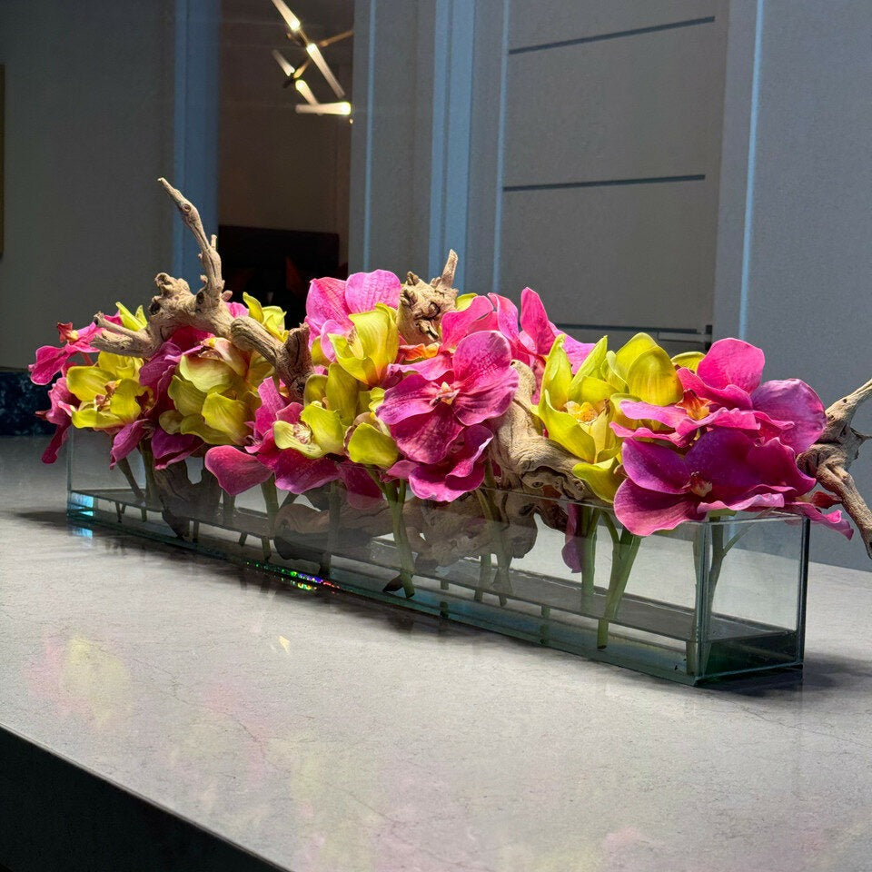Casa Moderna Glass Planter With Pink Vandas And Green Cymbidiums