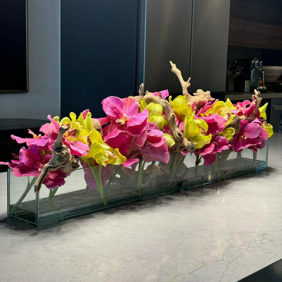 Casa Moderna Glass Planter With Pink Vandas And Green Cymbidiums