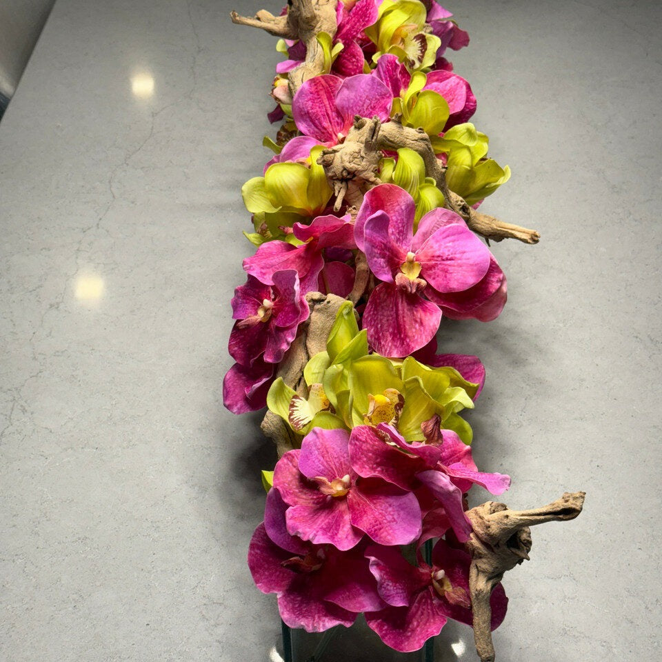 Casa Moderna Glass Planter With Pink Vandas And Green Cymbidiums