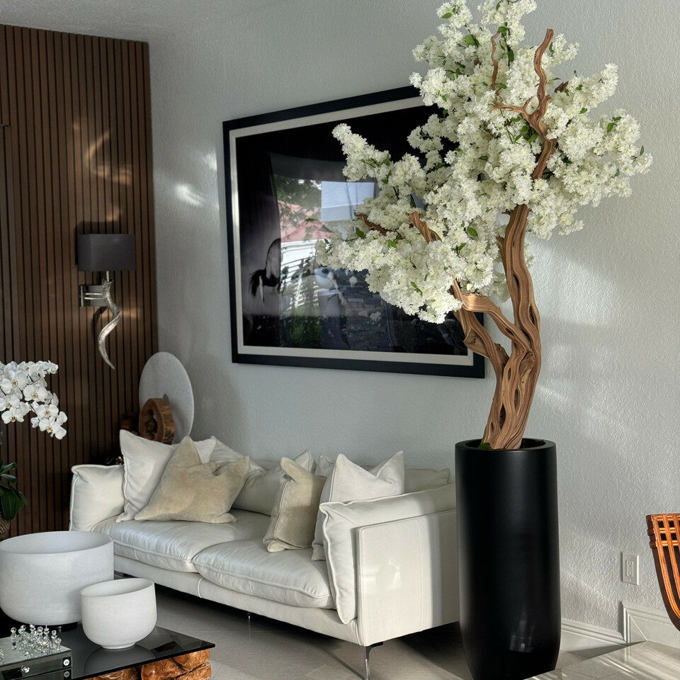Matte Black St. Tropez Planter with Custom Made White Cherry Blossom Tree