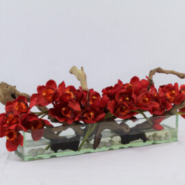 24″ Casa Moderna glass plate planter with red Cymbidiums