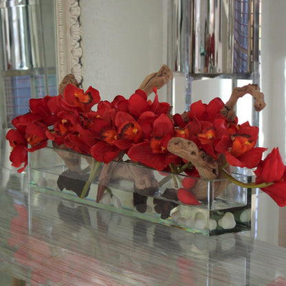 24″ Casa Moderna glass plate planter with red Cymbidiums