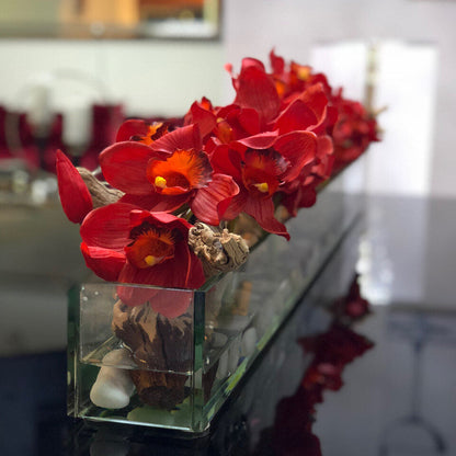 48″ Casa Moderna glass plate planter with red Cymbidiums