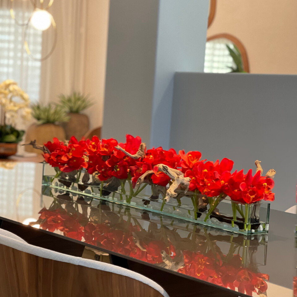 48″ Casa Moderna glass plate planter with red Cymbidiums