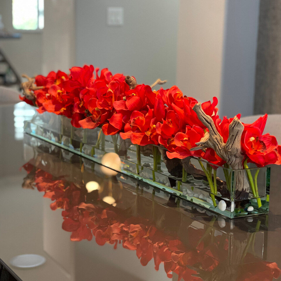 48″ Casa Moderna glass plate planter with red Cymbidiums