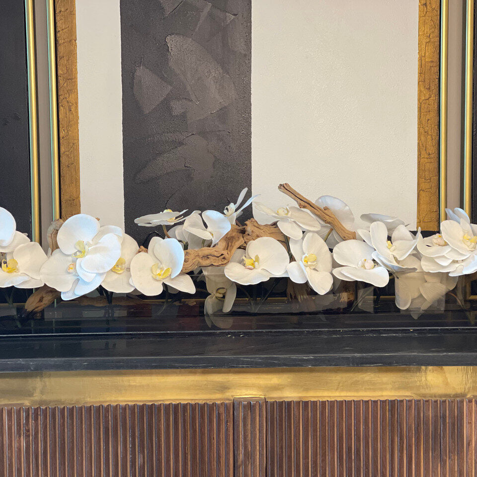 48″ Casa Moderna Black Tinted Glass Plate Planter with white Phalaenopsis orchids