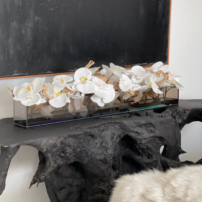 48″ Casa Moderna Black Tinted Glass Plate Planter with white Phalaenopsis orchids