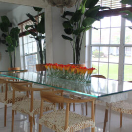 36″ Casa Moderna glass plate planter with mango callas