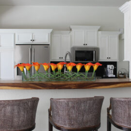 36″ Casa Moderna glass plate planter with mango callas