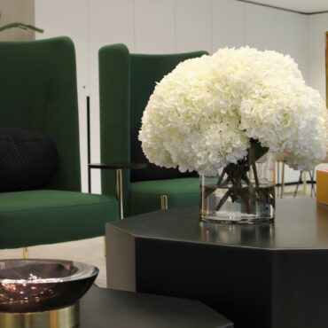 White Hydrangea Bouquet in clear glass cylinder vase