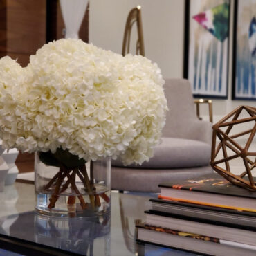 White Hydrangea Bouquet in clear glass cylinder vase