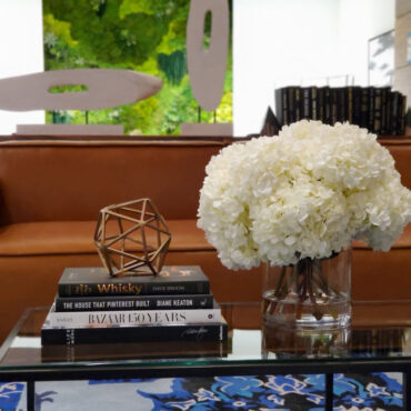 White Hydrangea Bouquet in clear glass cylinder vase