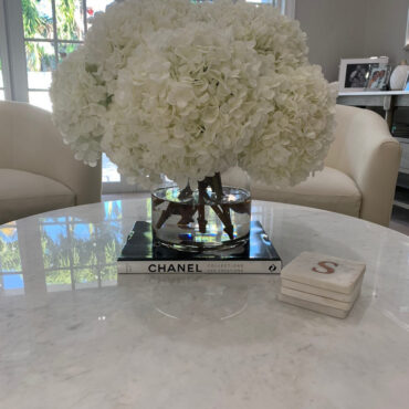 White Hydrangea Bouquet in clear glass cylinder vase